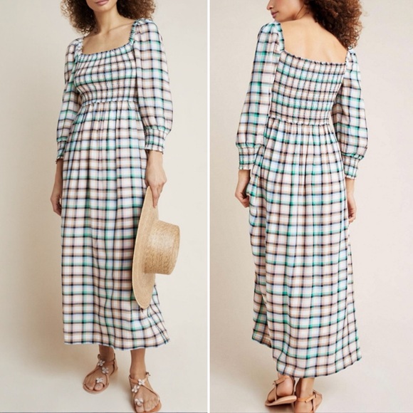 Anthropologie Maeve Cerie Smocked Plaid Maxi Dress Boho Square Neck Size Large - Picture 14 of 14